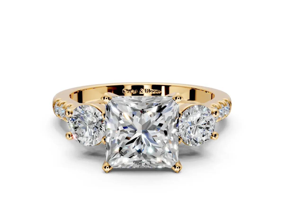 3 Stone Engagement Ring Setting for Princess Cut Center with Crossover Basket, Pave Band and Prong Head in Yellow Gold