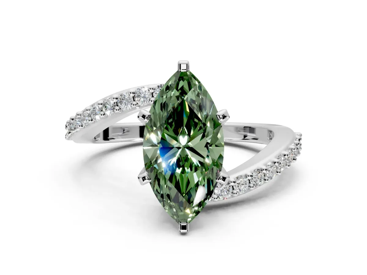 Solitaire Engagement Ring Setting for Fancy Green Marquise Center with Pave Bypass Swirl Band and Prong Head in Sterling Silver