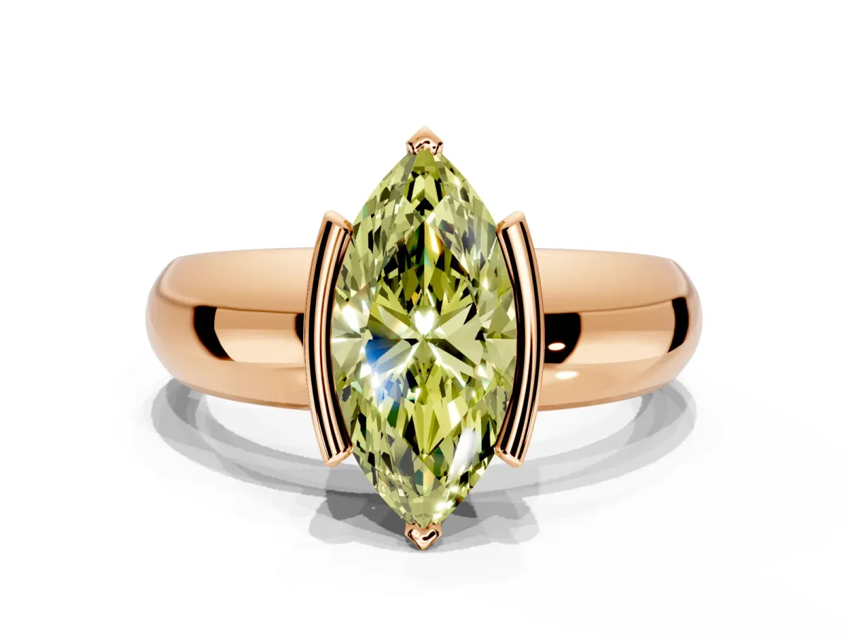 Tension Engagement Ring Setting for Fancy Yellow Marquise Center with Wide Flat Band and Tension Head in Rose Gold