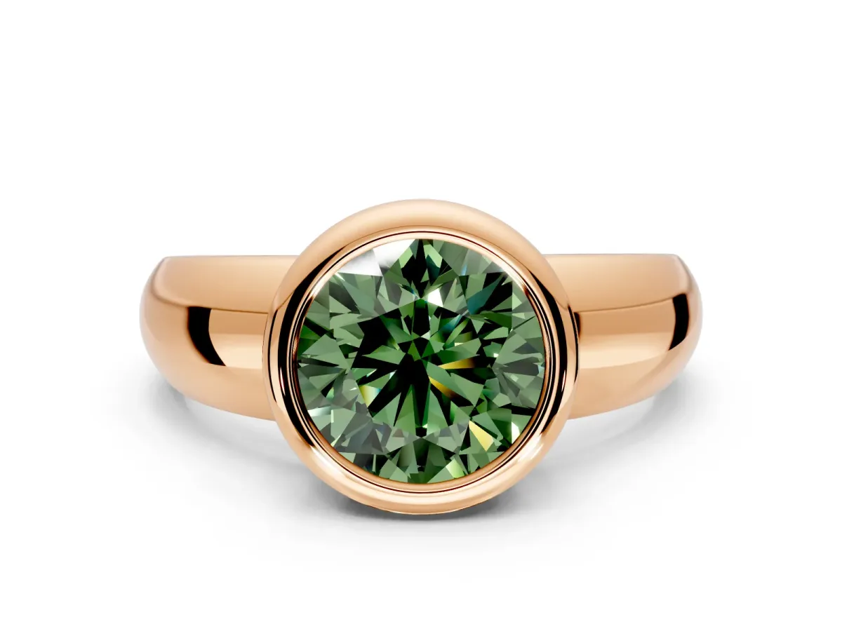 Solitaire Engagement Ring Setting for Fancy Green Round Cut Center with Wide Band and Bezel Head in Rose Gold