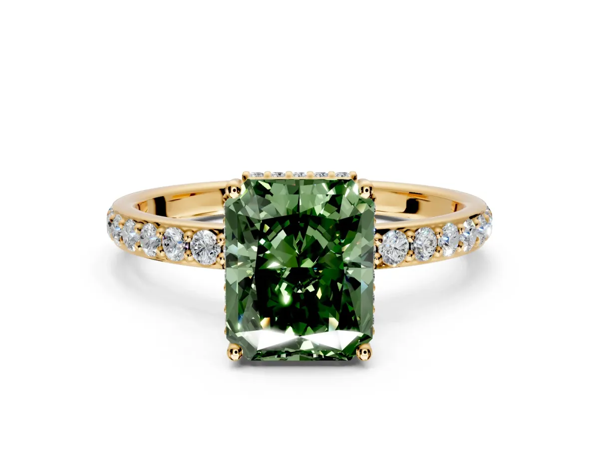 Hidden Halo Engagement Ring Setting for Fancy Green Radiant Cut Center with Pave Band and Prong Head in Yellow Gold