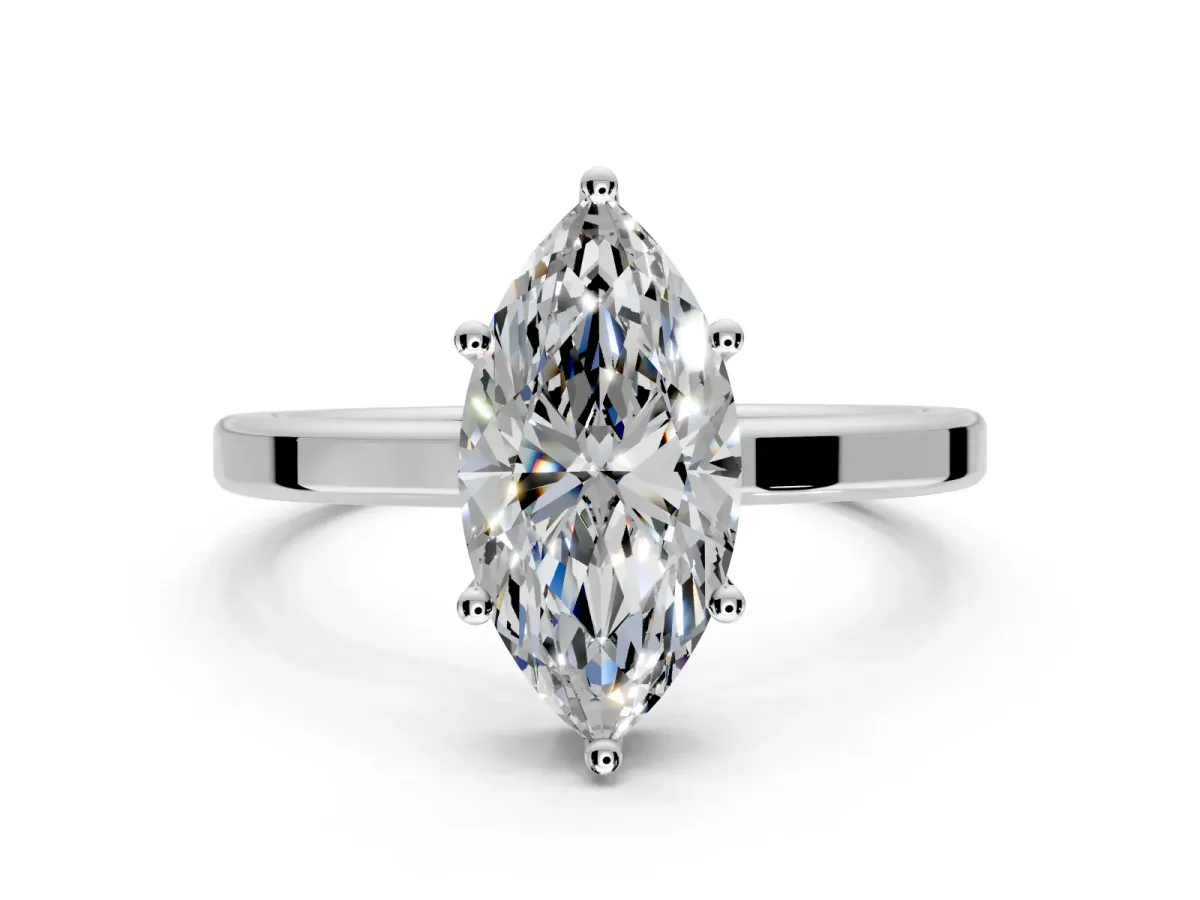 Hidden Halo Engagement Ring Setting for Marquise Center with Wide Flat Plain Band and Prong Head in Sterling Silver