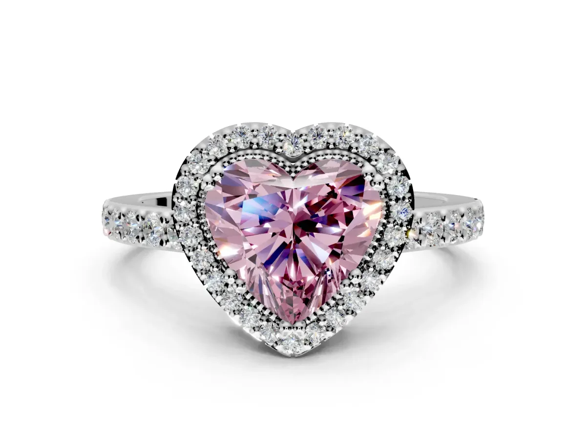 Halo Engagement Ring Setting for Fancy Pink Heart-Shaped Center with Inner Milgrain Border and Prong Head in Sterling Silver