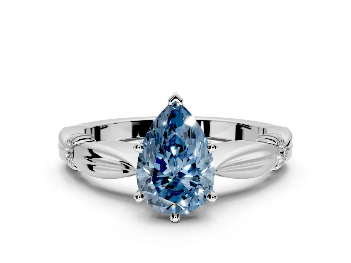 Solitaire Engagement Ring Setting for Fancy Blue Pear-Shaped Center with Carved Leaf Shoulders and Prong Head in Sterling Silver