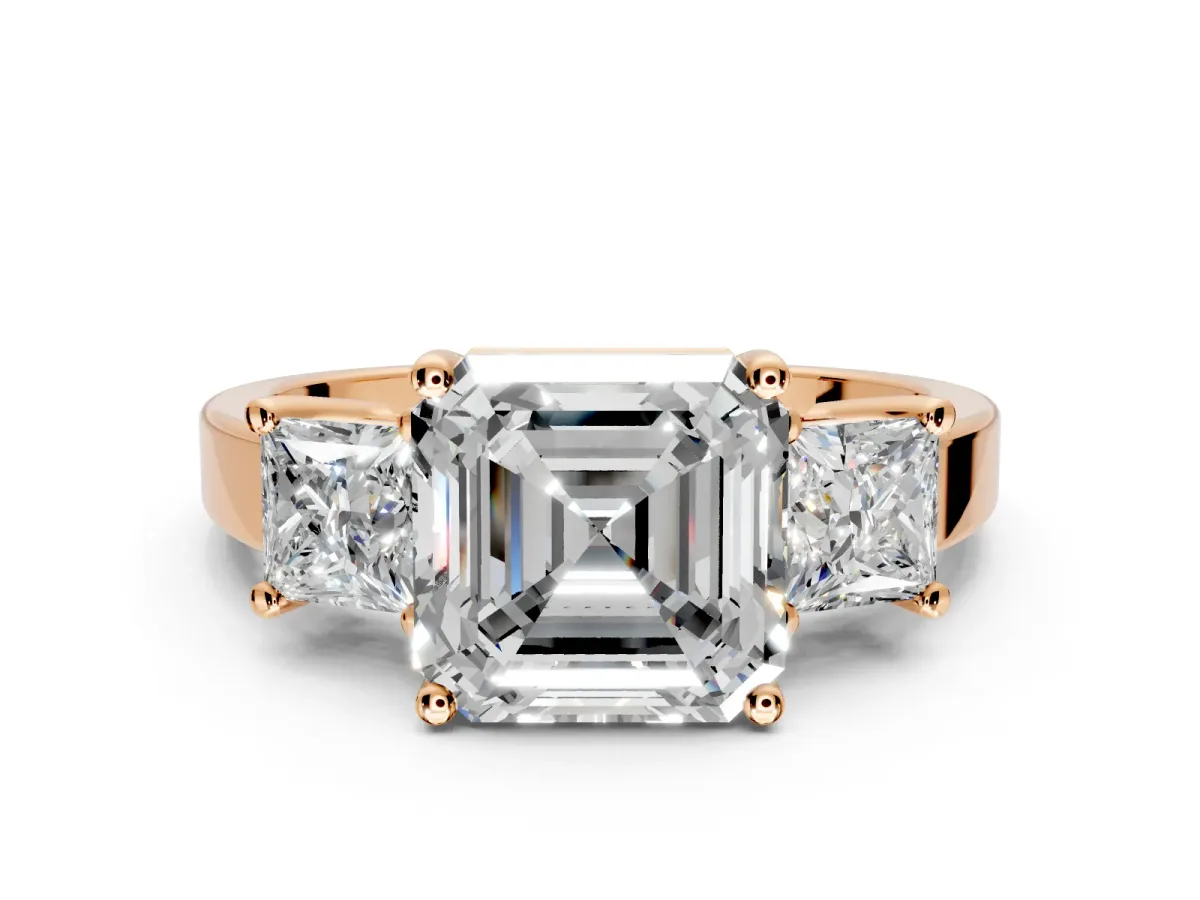 3 Stone Engagement Ring Setting for Asscher Cut Center with Matching Side Accents and Prong Head in Rose Gold