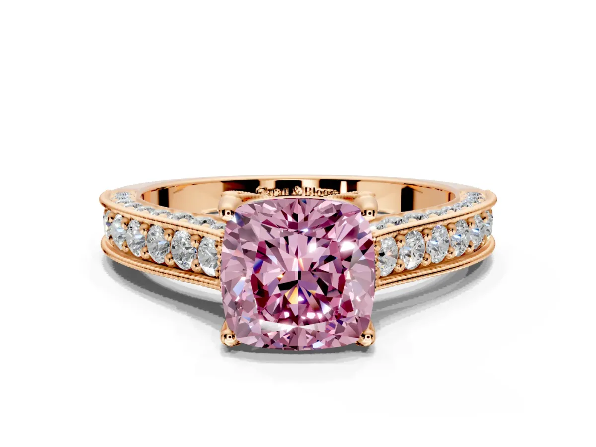 Solitaire Engagement Ring Setting for Fancy Pink Cushion Cut Center with Milgrain-Framed Pave Band and Prong Head in Rose Gold