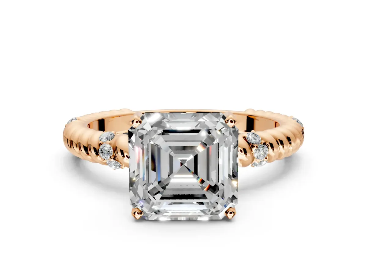 Rope Engagement Ring Setting for Asscher Cut Center with Accent Shoulders and Prong Head in Rose Gold