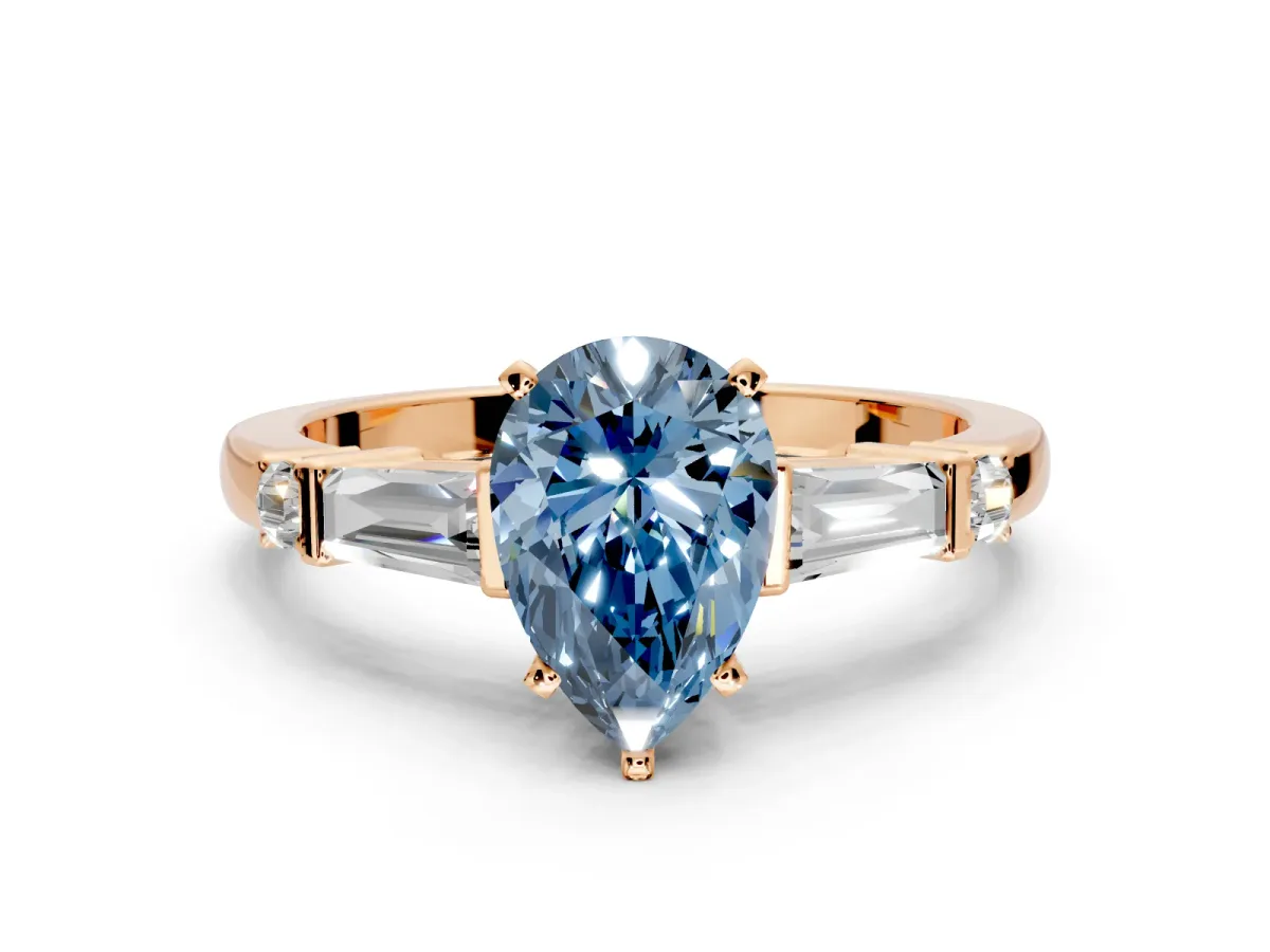 Bar-Set Engagement Ring Setting for Fancy Blue Pear-Shaped Center with Tapered Baguette Accents and Prong Head in Rose Gold