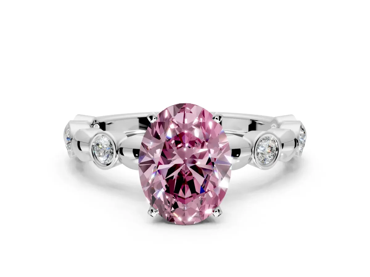 Solitaire Engagement Ring Setting for Fancy Pink Oval Center with Beaded Bezel Station Band and Prong Head in Platinum