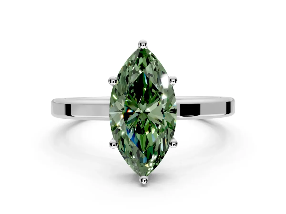 Hidden Halo Engagement Ring Setting for Fancy Green Marquise Center with Wide Flat Plain Band and Prong Head in Sterling Silver