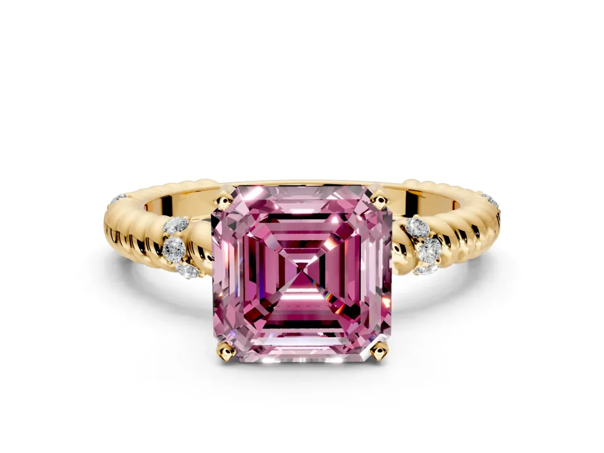 Rope Engagement Ring Setting for Fancy Pink Asscher Cut Center with Accent Shoulders and Prong Head in Yellow Gold