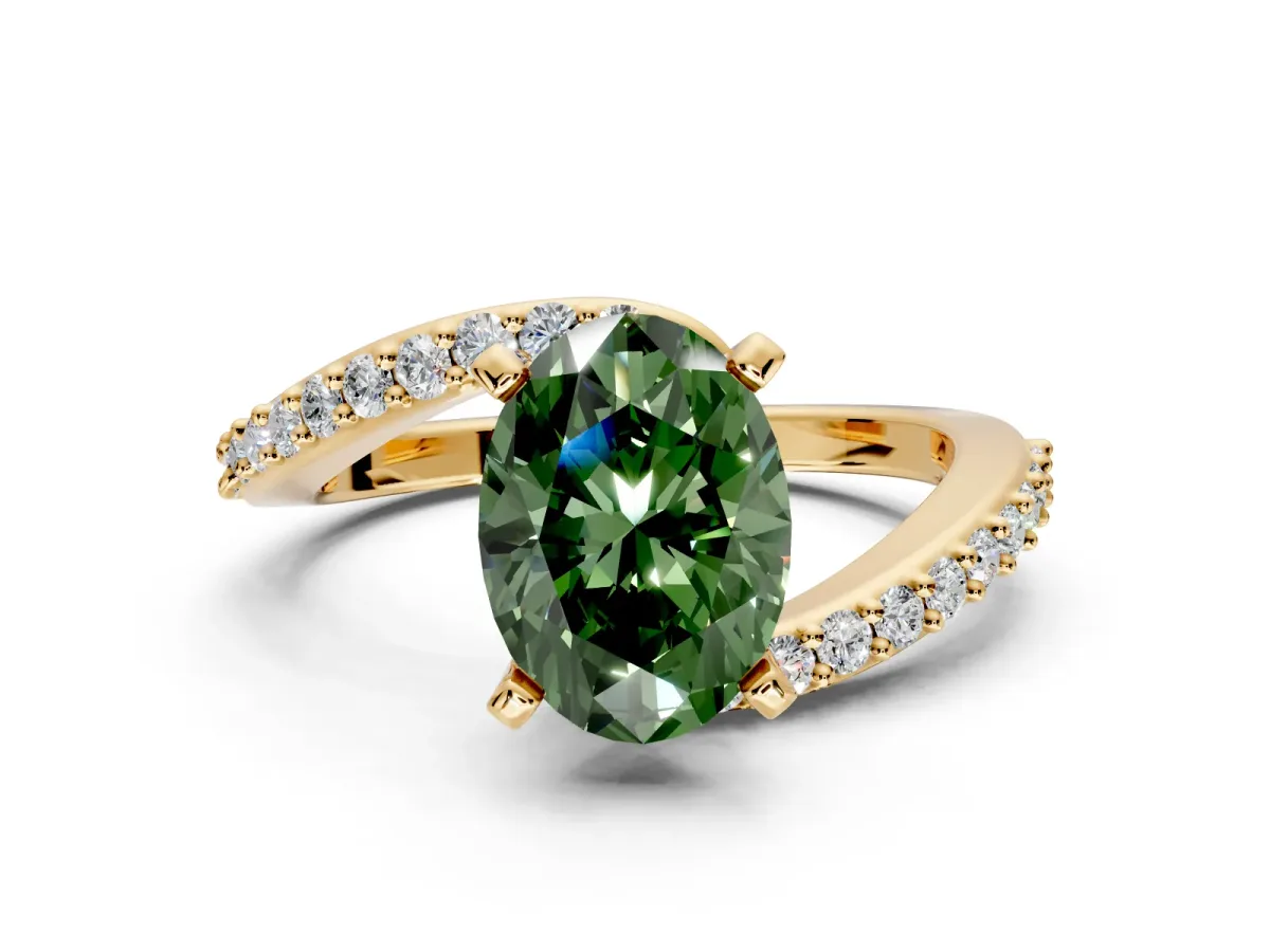 Solitaire Engagement Ring Setting for Fancy Green Oval Center with Pave Bypass Swirl Band and Prong Head in Yellow Gold