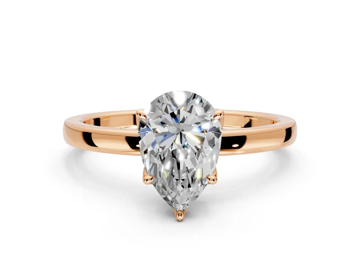 Solitaire Engagement Ring Setting for Pear-Shaped Center with Thin Rounded Plain Band and Prong Head in Rose Gold