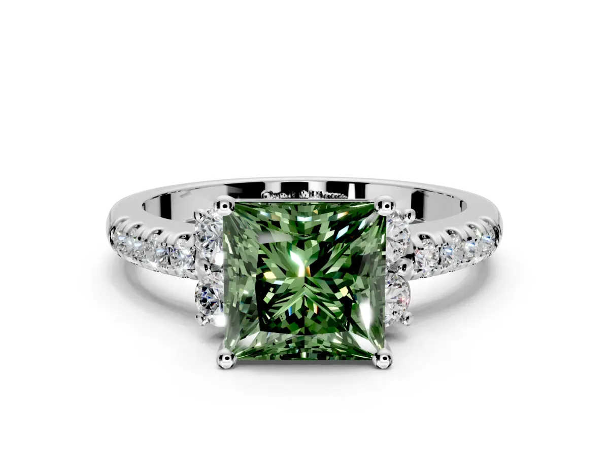 Paired Accent Engagement Ring Setting for Fancy Green Princess Cut Center with Pave Band and Prong Head in White Gold