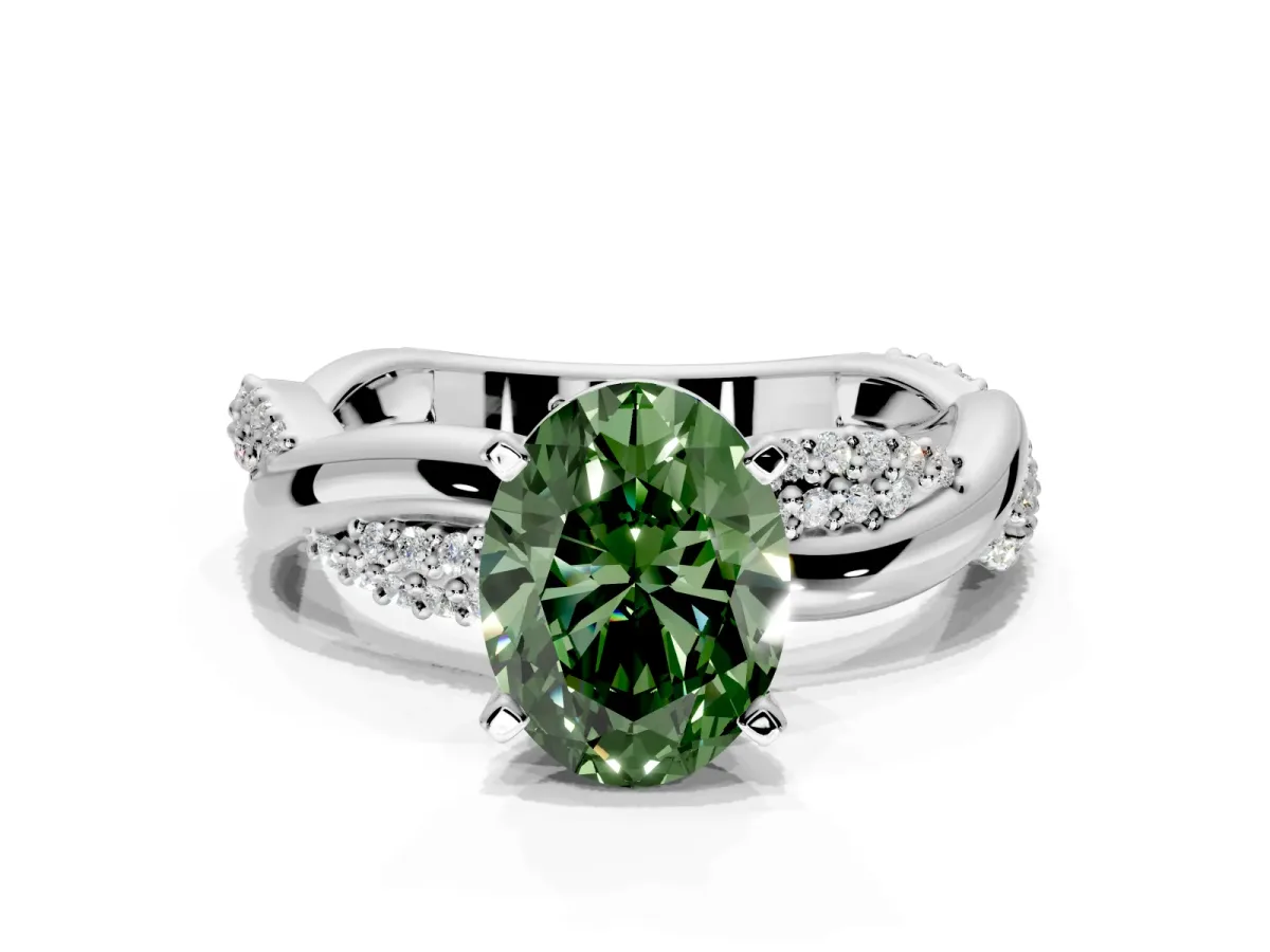 Solitaire Engagement Ring Setting for Fancy Green Oval Center with Pave and Plain Crossover and Basket Head in Platinum
