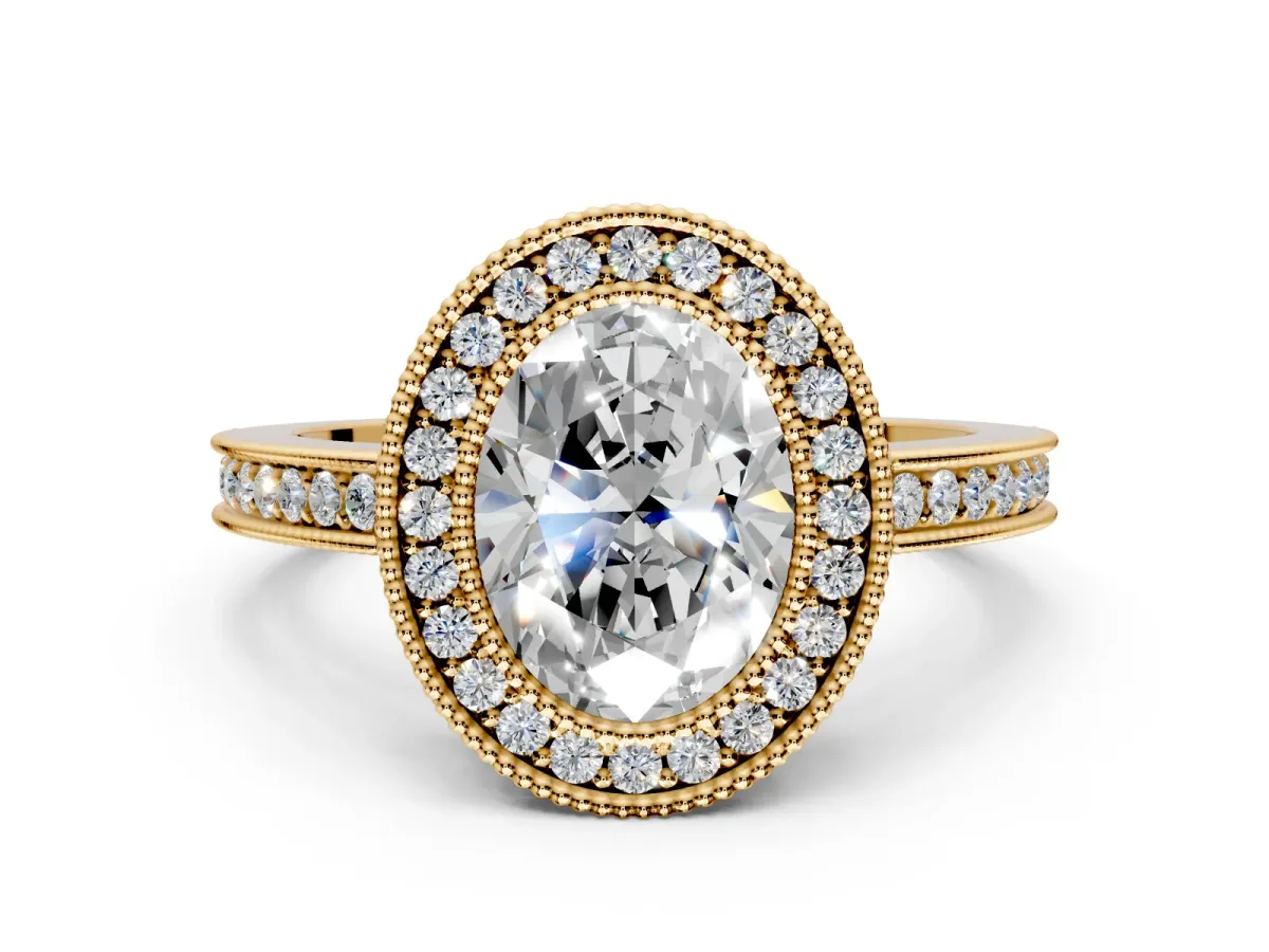 Halo Engagement Ring Setting for Oval Center with Milgrain Halo, Pave Band and Prong Head in Yellow Gold