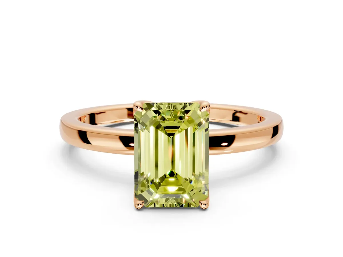 Solitaire Engagement Ring Setting for Fancy Yellow Emerald Cut Center with Thin Rounded Plain Band and Prong Head in Rose Gold
