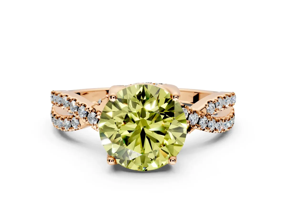 Solitaire Engagement Ring Setting for Fancy Yellow Round Cut Center with Narrow Twist Pave Band and Prong Head in Rose Gold