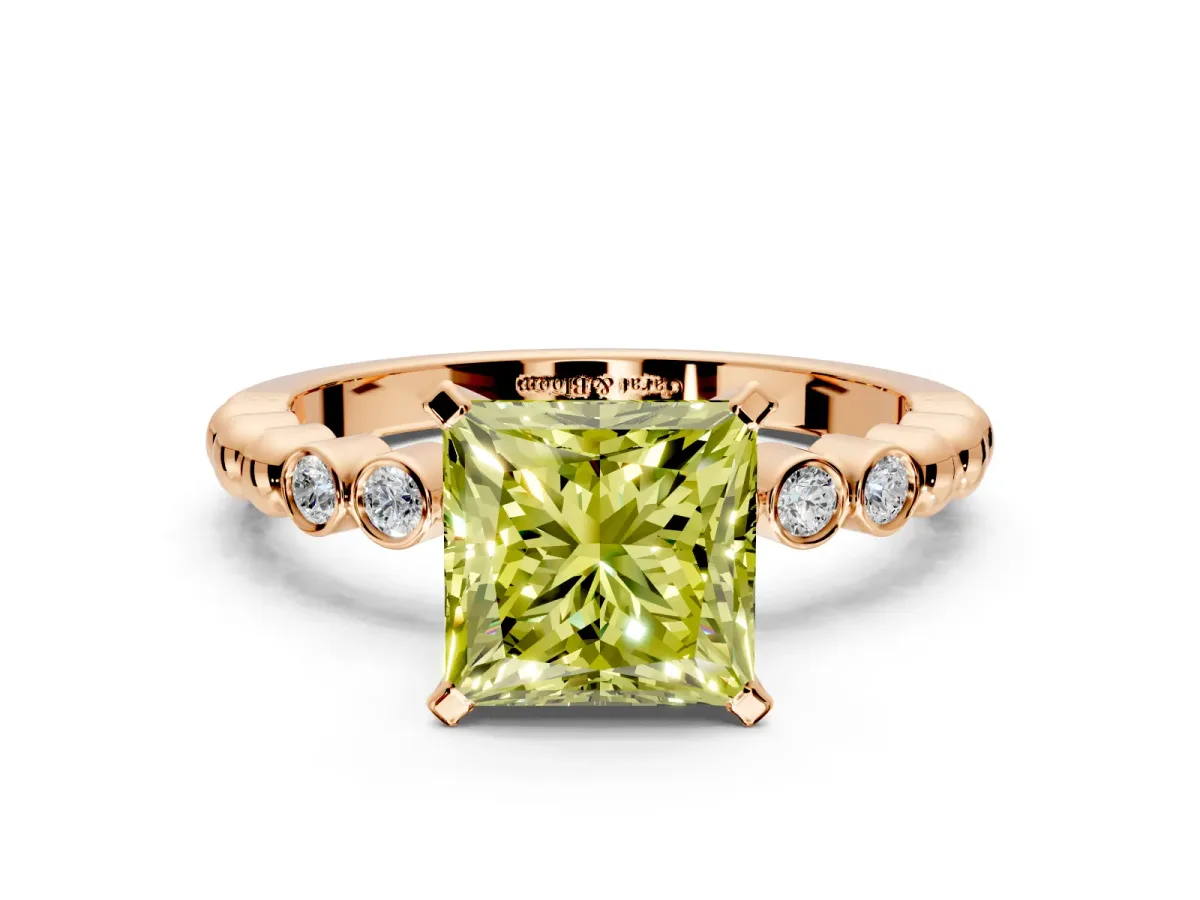 Solitaire Engagement Ring Setting for Fancy Yellow Princess Cut Center with Bezel-Dot Beaded Band and Prong Head in Rose Gold