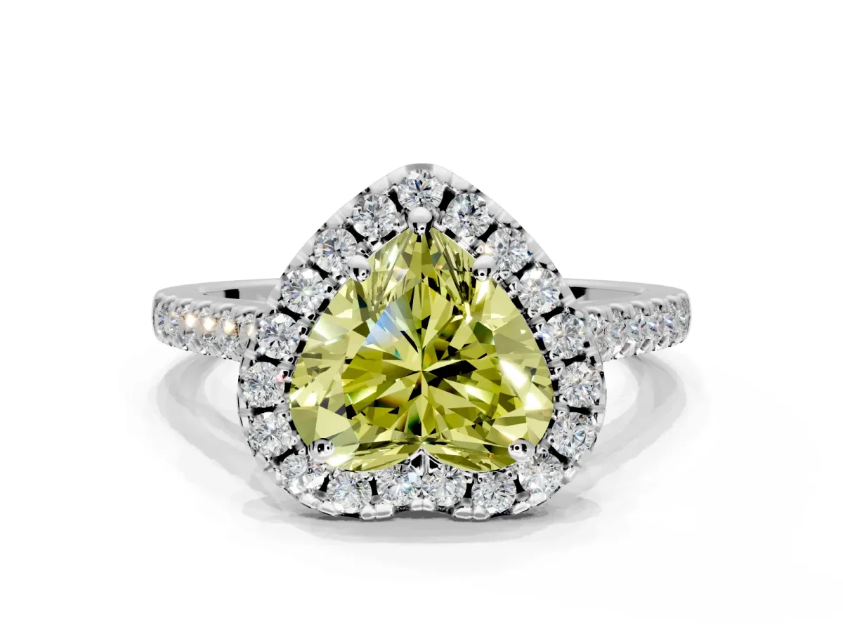 Halo Engagement Ring Setting for Fancy Yellow Heart-Shaped Center with Raised Halo, Pave Band and Prong Head in Sterling Silver