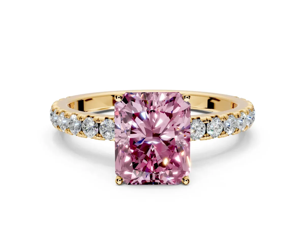 Solitaire Engagement Ring Setting for Fancy Pink Radiant Cut Center with Large Accent Band and Prong Head in Yellow Gold