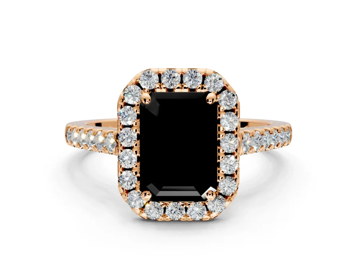 Halo Engagement Ring Setting for Fancy Black Emerald Cut Center with Narrowing Pave Band and Prong Head in Rose Gold