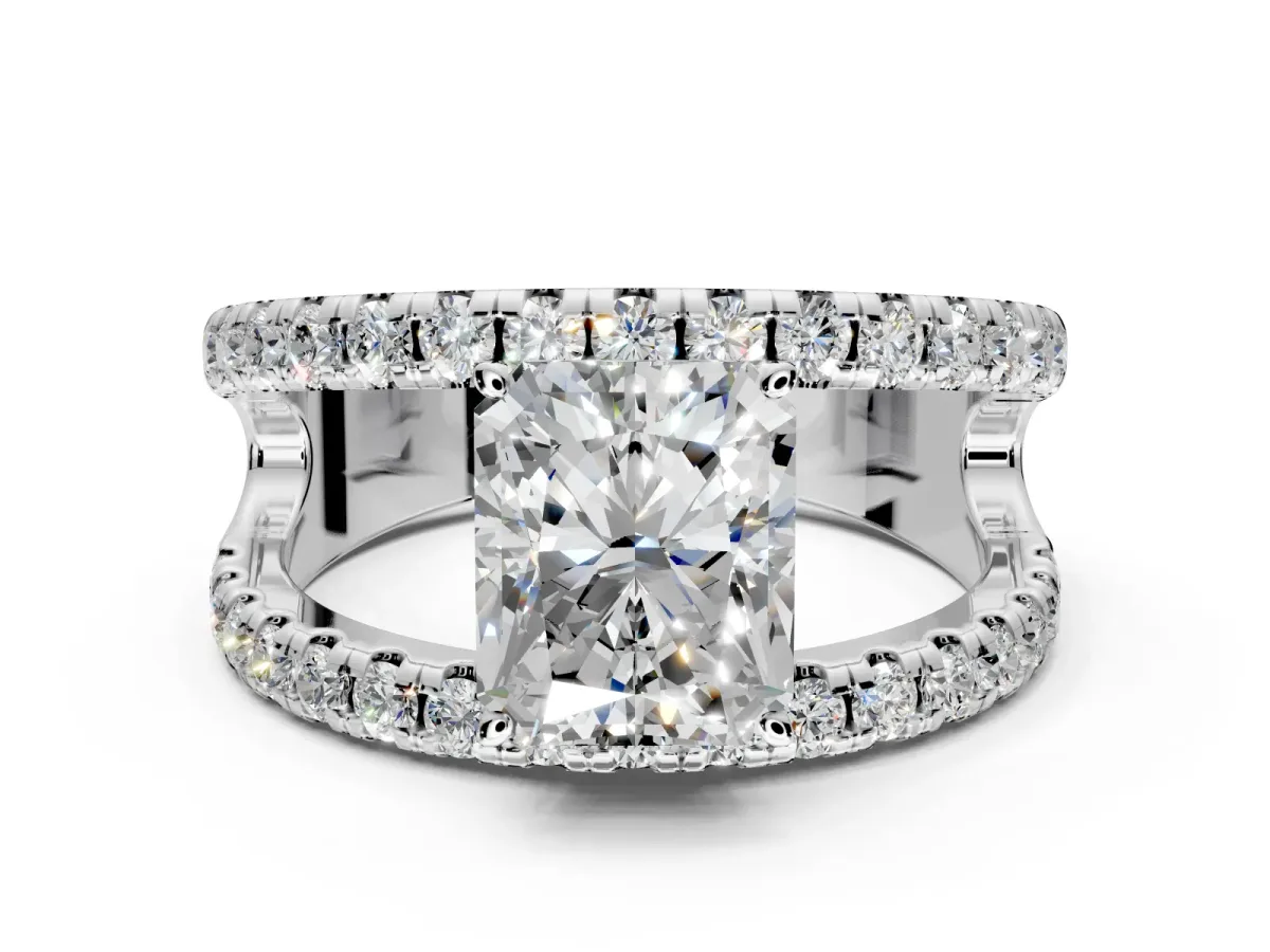 Solitaire Engagement Ring Setting for Radiant Cut Center with Wide-Open Split Shank and Prong Head in Sterling Silver