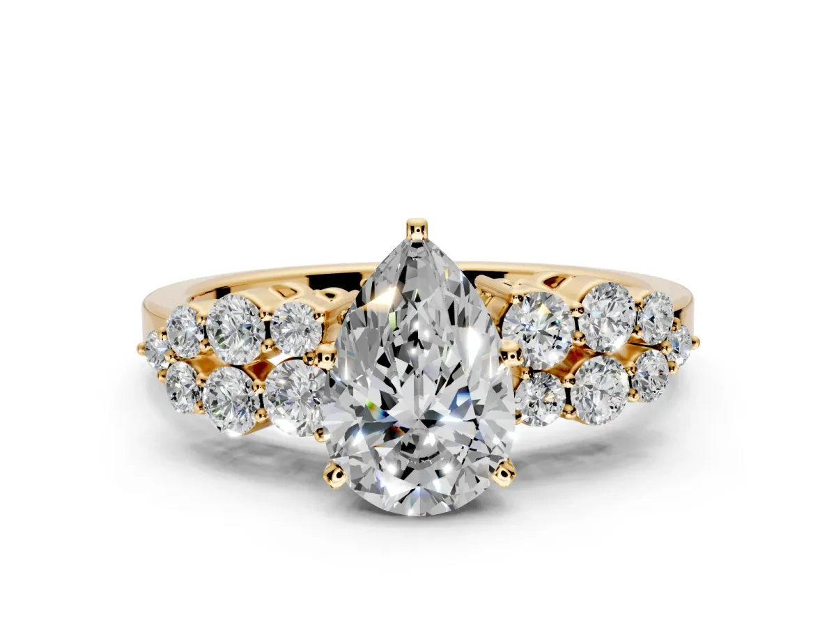 Cluster Engagement Ring Setting for Pear-Shaped Center with 2-Row Shoulder Clusters and Prong Head in Yellow Gold
