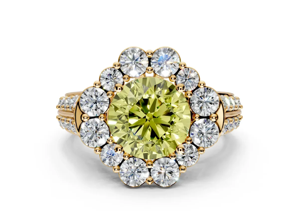 Large Accent Halo Engagement Ring Setting for Fancy Yellow Round Cut Center with Pave Split Shank and Prong Head in Yellow Gold