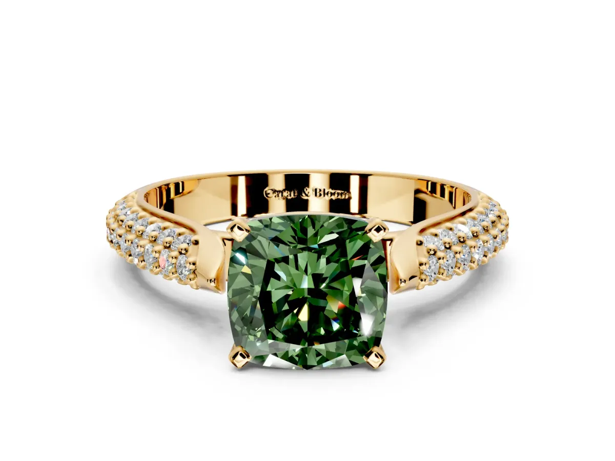 Solitaire Engagement Ring Setting for Fancy Green Cushion Cut Center with Multi-Row Accents and Prong Head in Yellow Gold
