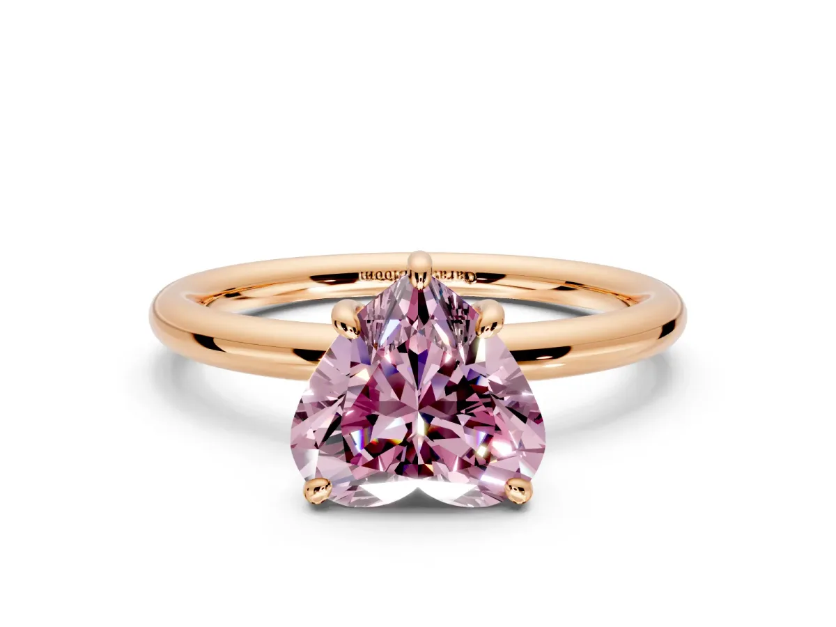 Low-Set Solitaire Engagement Ring Setting for Fancy Pink Heart-Shaped Center with Thin Plain Band and Prong Head in Rose Gold