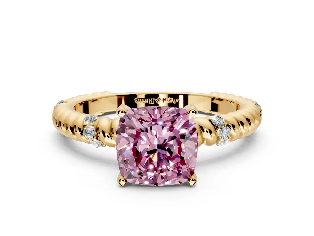 Rope Engagement Ring Setting for Fancy Pink Cushion Cut Center with Accent Shoulders and Prong Head in Yellow Gold