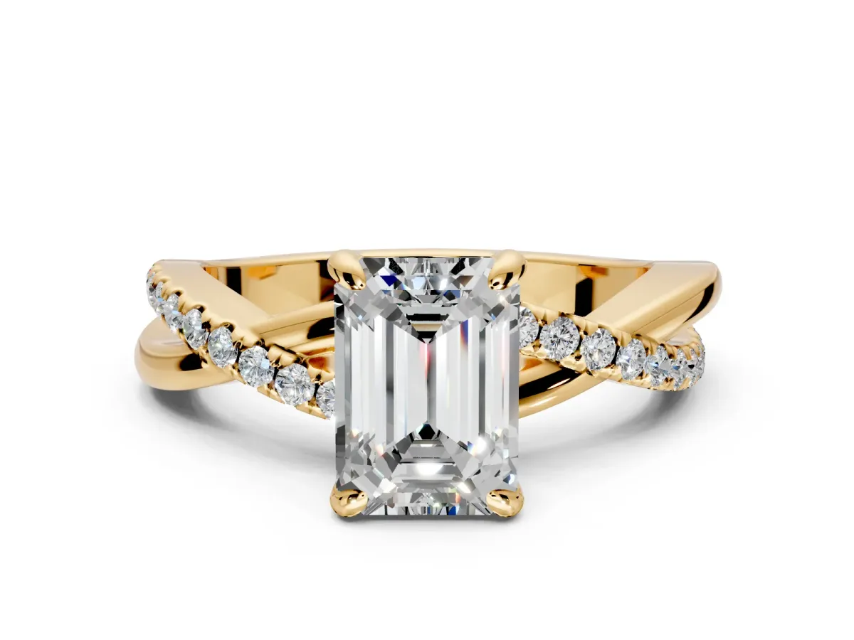 Solitaire Engagement Ring Setting for Emerald Cut Center with Half-Pave Crossover Band and Prong Head in Yellow Gold