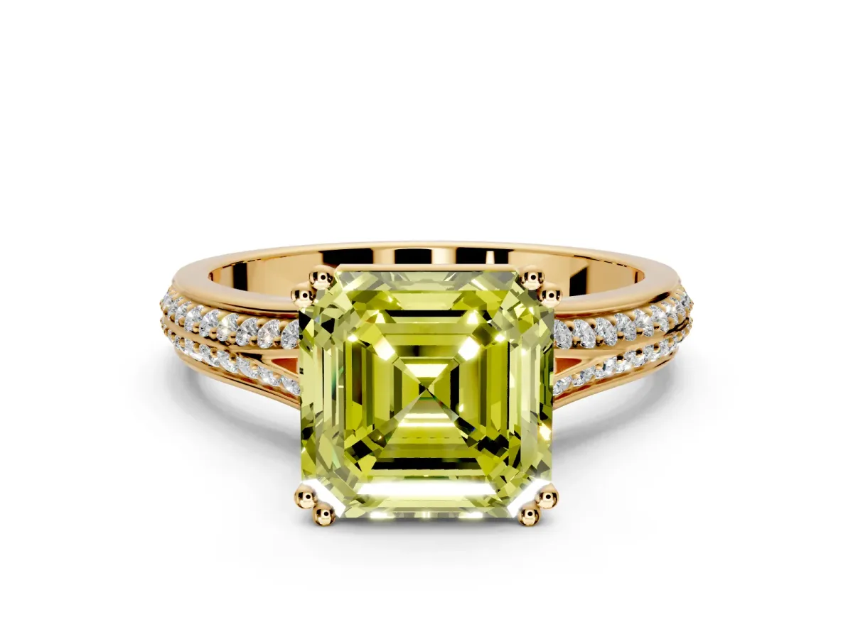 Solitaire Engagement Ring Setting for Fancy Yellow Asscher Cut Center with Pave Rail Split Shank and Prong Head in Yellow Gold