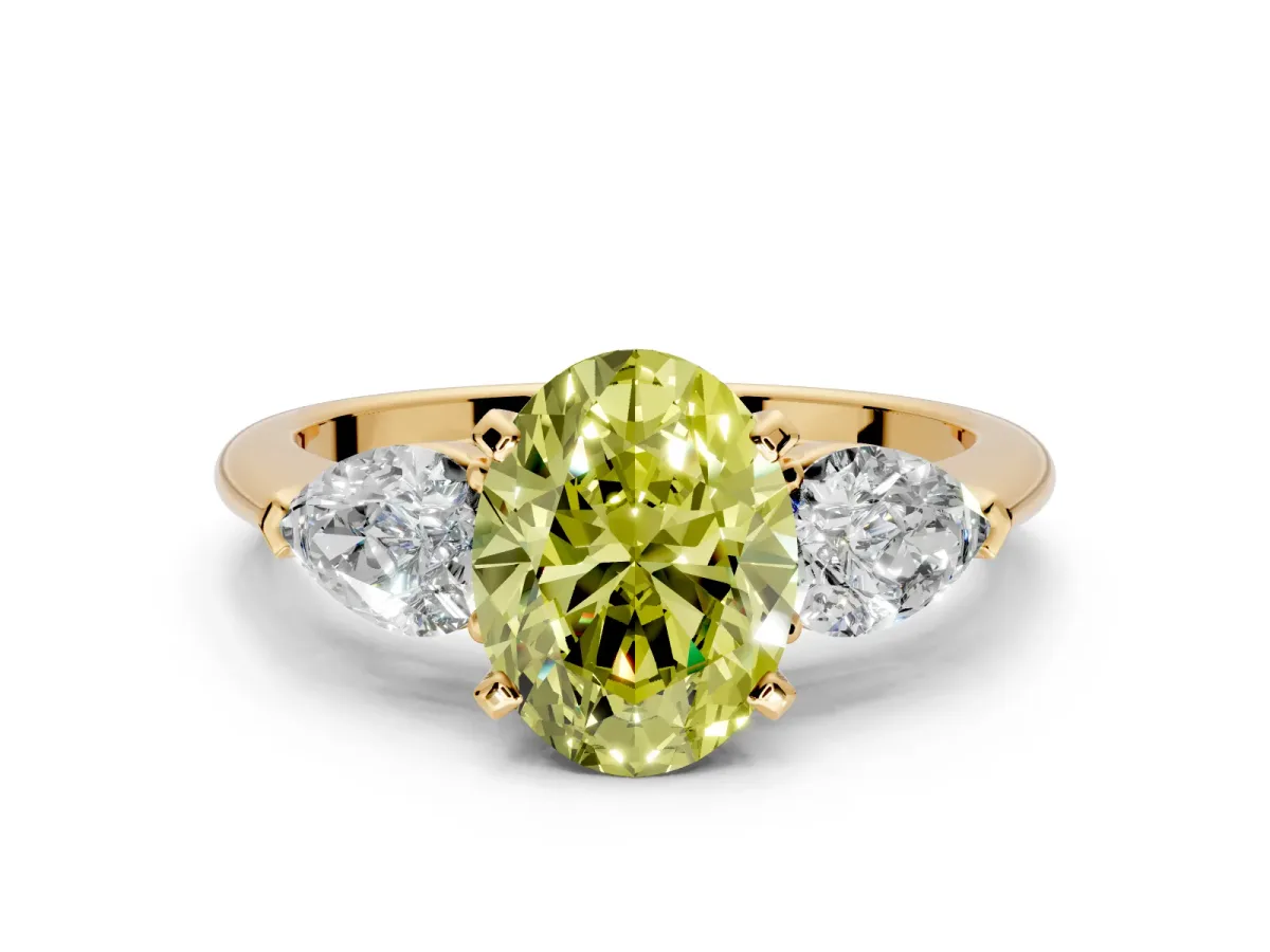 3 Stone Engagement Ring Setting for Fancy Yellow Oval Center with Large Pear-Shaped Accents and Prong Head in Yellow Gold