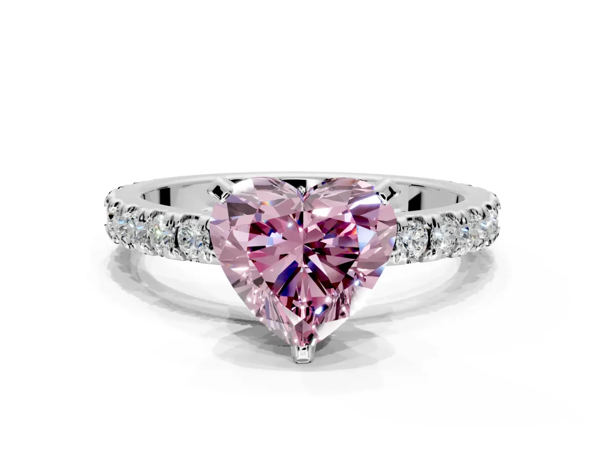 Solitaire Engagement Ring Setting for Fancy Pink Heart-Shaped Center with Fine Pave Band and Claw Prong Head in Platinum