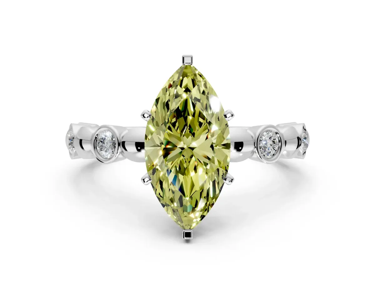 Solitaire Engagement Ring Setting for Fancy Yellow Marquise Center with Beaded Bezel Station Band and Prong Head in Platinum