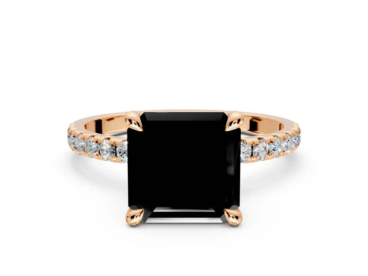 Solitaire Engagement Ring Setting for Fancy Black Asscher Cut Center with Fine Pave Narrow Band and Prong Head in Rose Gold