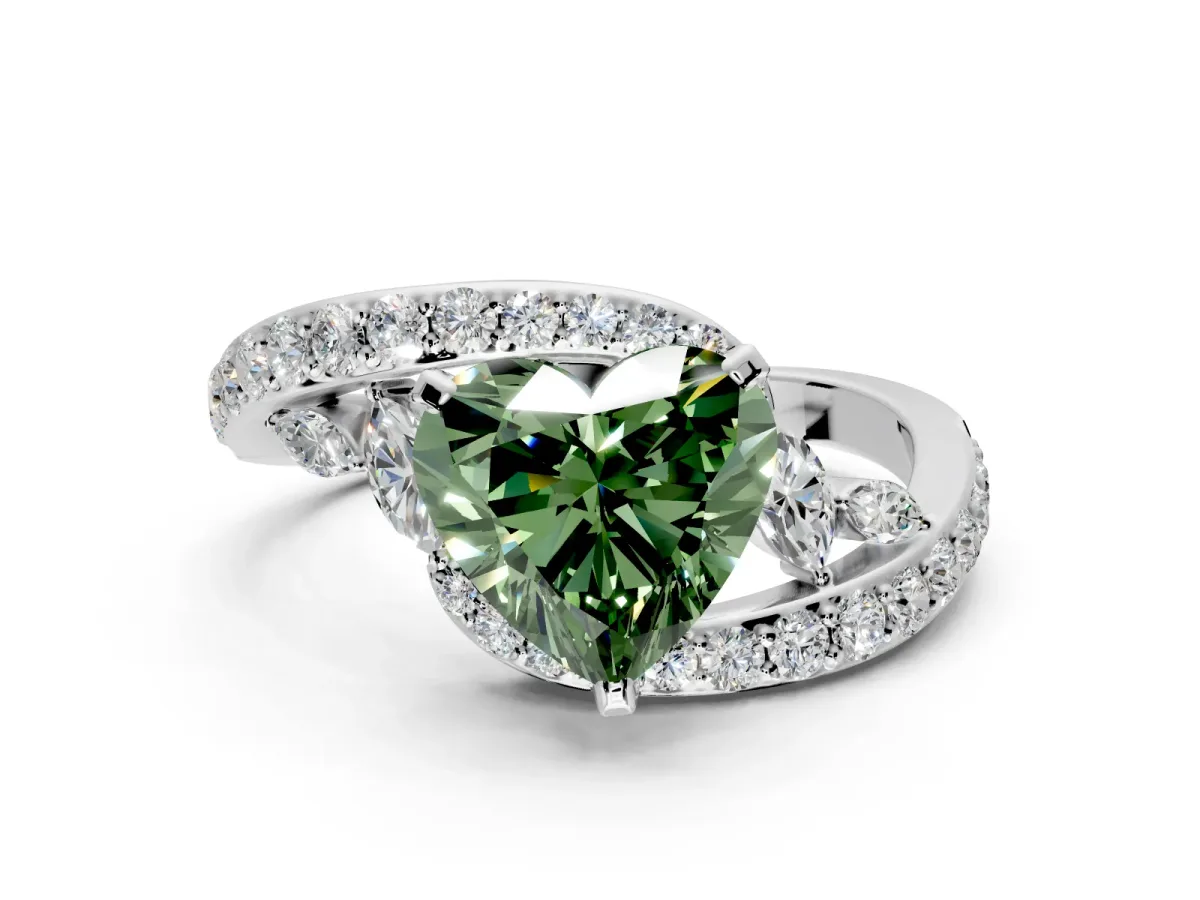 Solitaire Engagement Ring Setting for Fancy Green Heart-Shaped Center with Pave Bypass Twist Band and Prong Head in White Gold