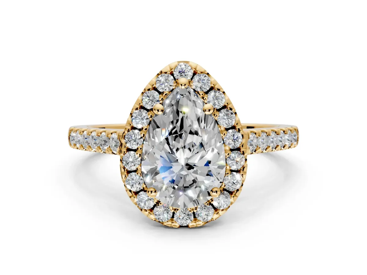 Halo Engagement Ring Setting for Pear-Shaped Center with Raised Halo, Pave Band and Prong Head in Yellow Gold