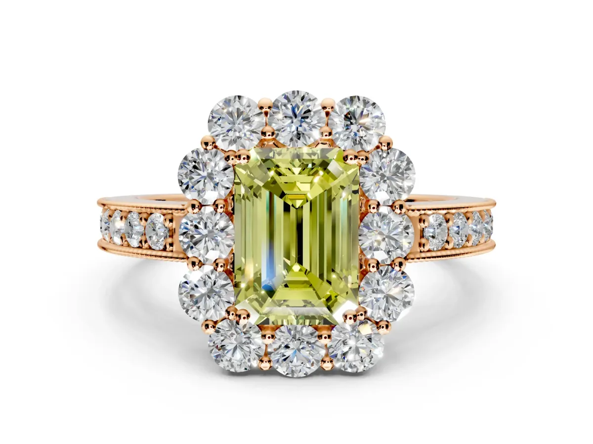 Halo Engagement Ring Setting for Fancy Yellow Emerald Cut Center with Milgrain Channel Band and Prong Head in Rose Gold