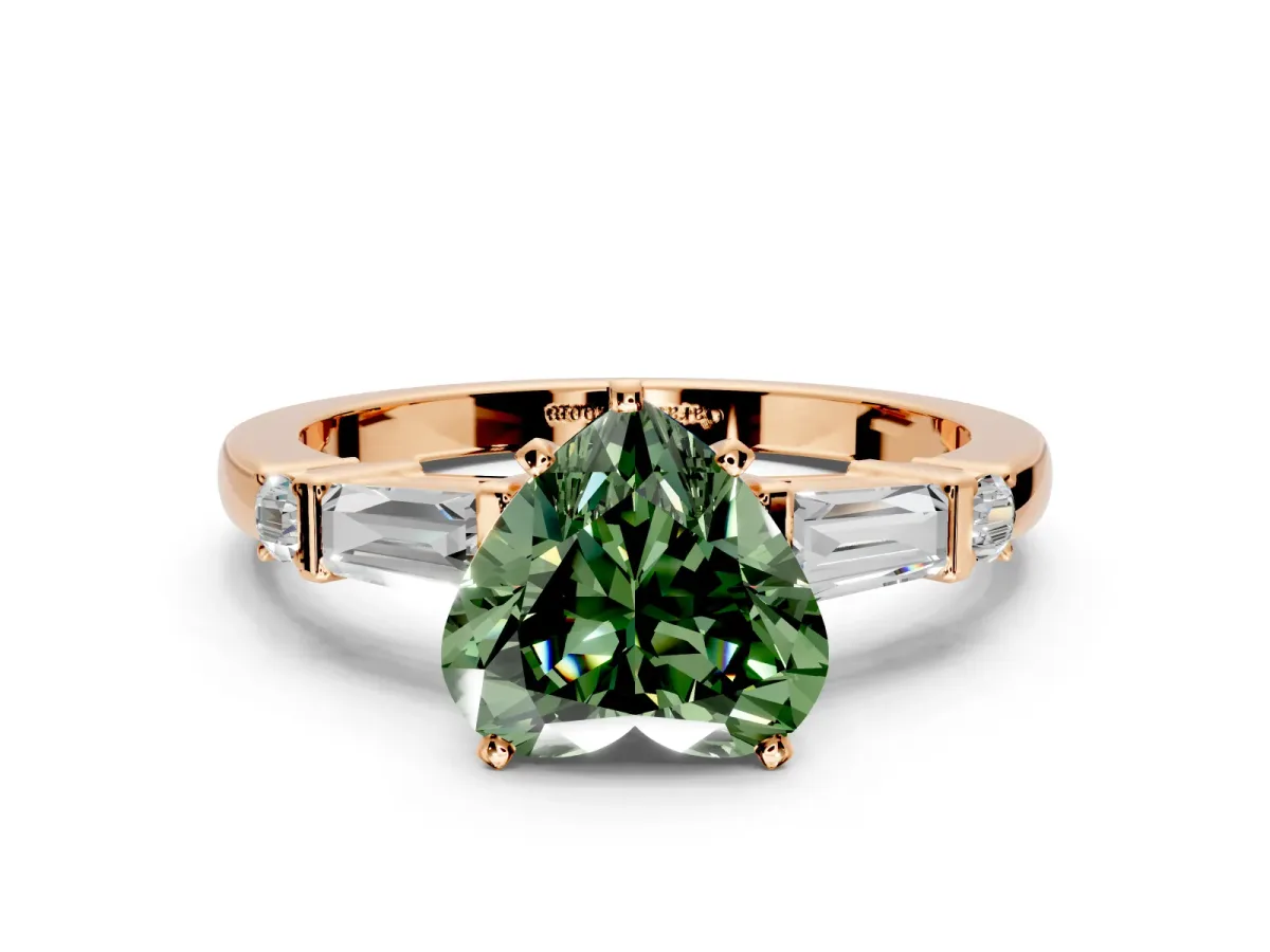 Bar-Set Engagement Ring Setting for Fancy Green Heart-Shaped Center with Tapered Baguette Accents and Prong Head in Rose Gold