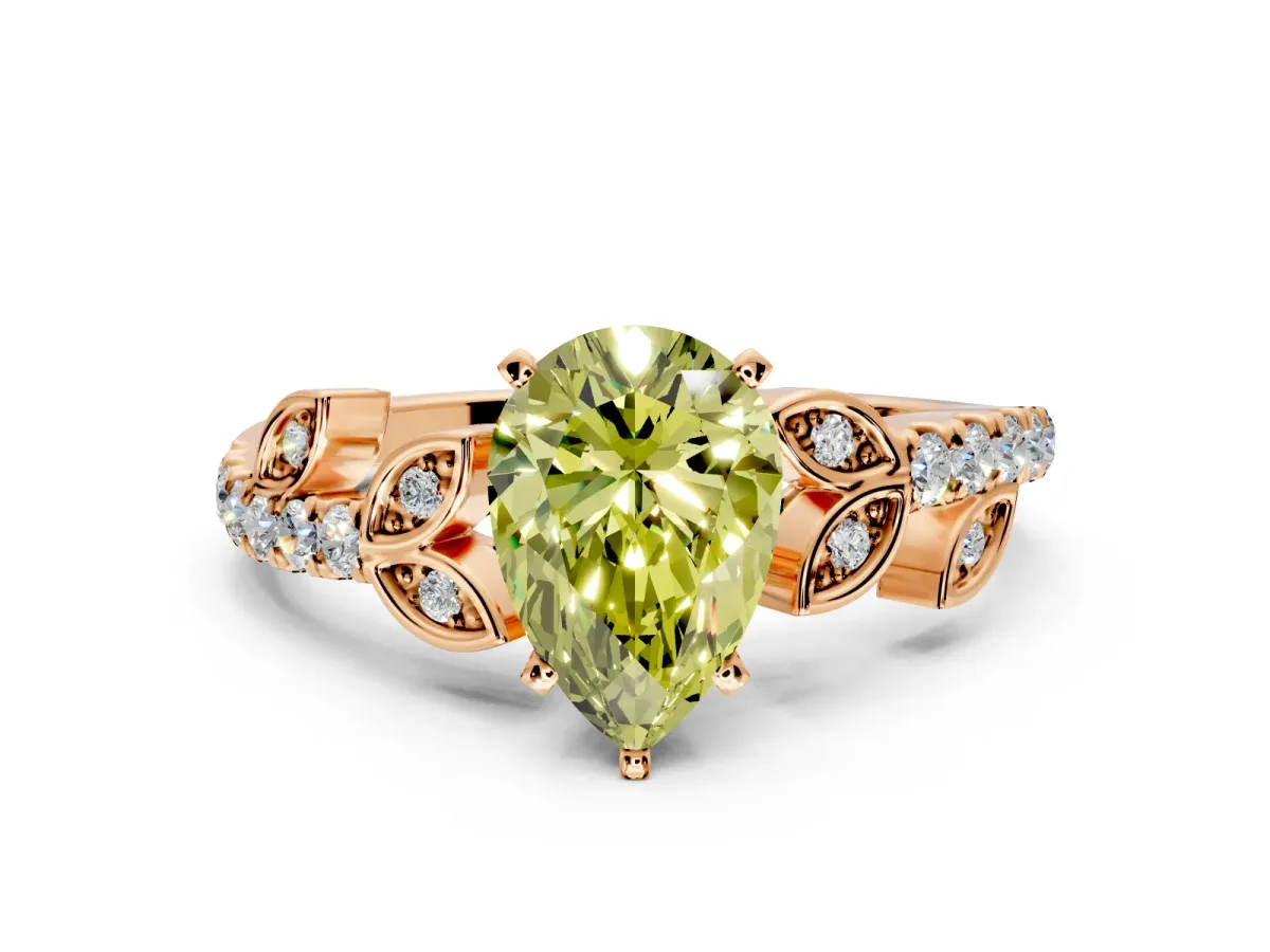 Leaf Motif Engagement Ring Setting for Fancy Yellow Pear-Shaped Center with Pave Band and Prong Head in Rose Gold