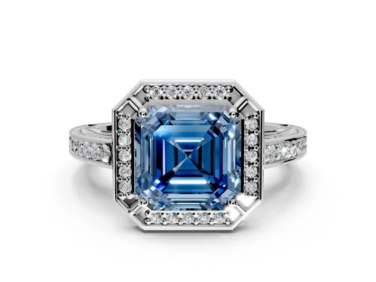 Halo Engagement Ring Setting for Fancy Blue Asscher Cut Center with Framed Halo, Pave Band and Prong Head in White Gold
