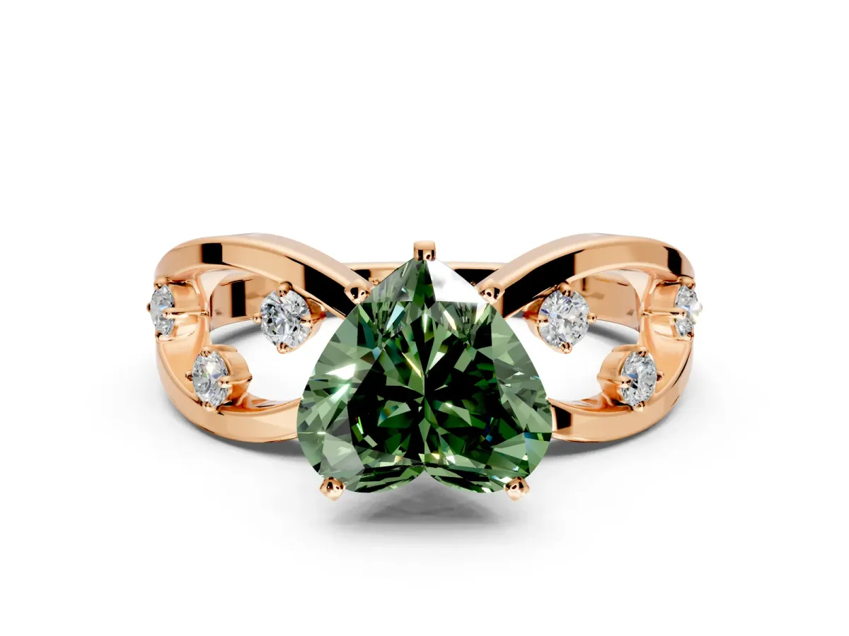 Solitaire Engagement Ring Setting for Fancy Green Heart-Shaped Center with Criss-Cross Accent Band and Prong Head in Rose Gold