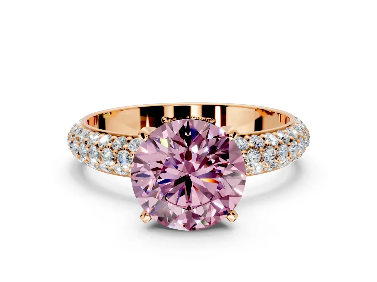 Solitaire Engagement Ring Setting for Fancy Pink Round Cut Center with Domed Multi-Row Pave Band and Prong Head in Rose Gold