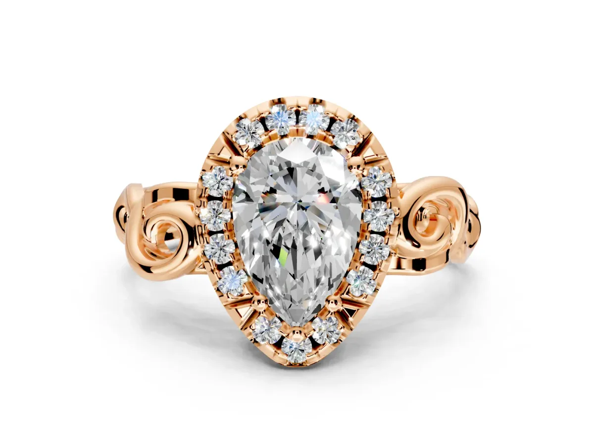 Halo Engagement Ring Setting for Pear-Shaped Center with Open Scroll Shoulders and Prong Head in Rose Gold