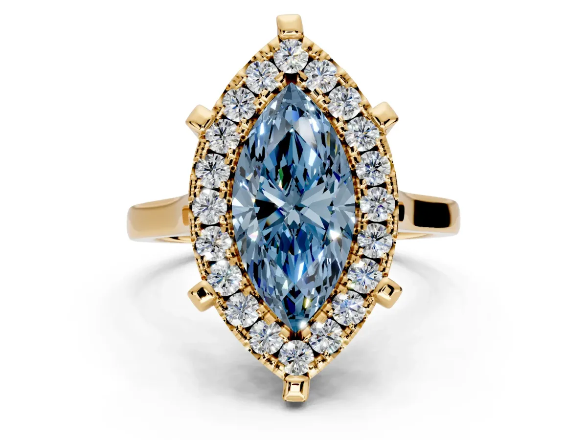 Single Halo Engagement Ring Setting for Fancy Blue Marquise Center with Corner Claws, Plain Band and Prong Head in Yellow Gold