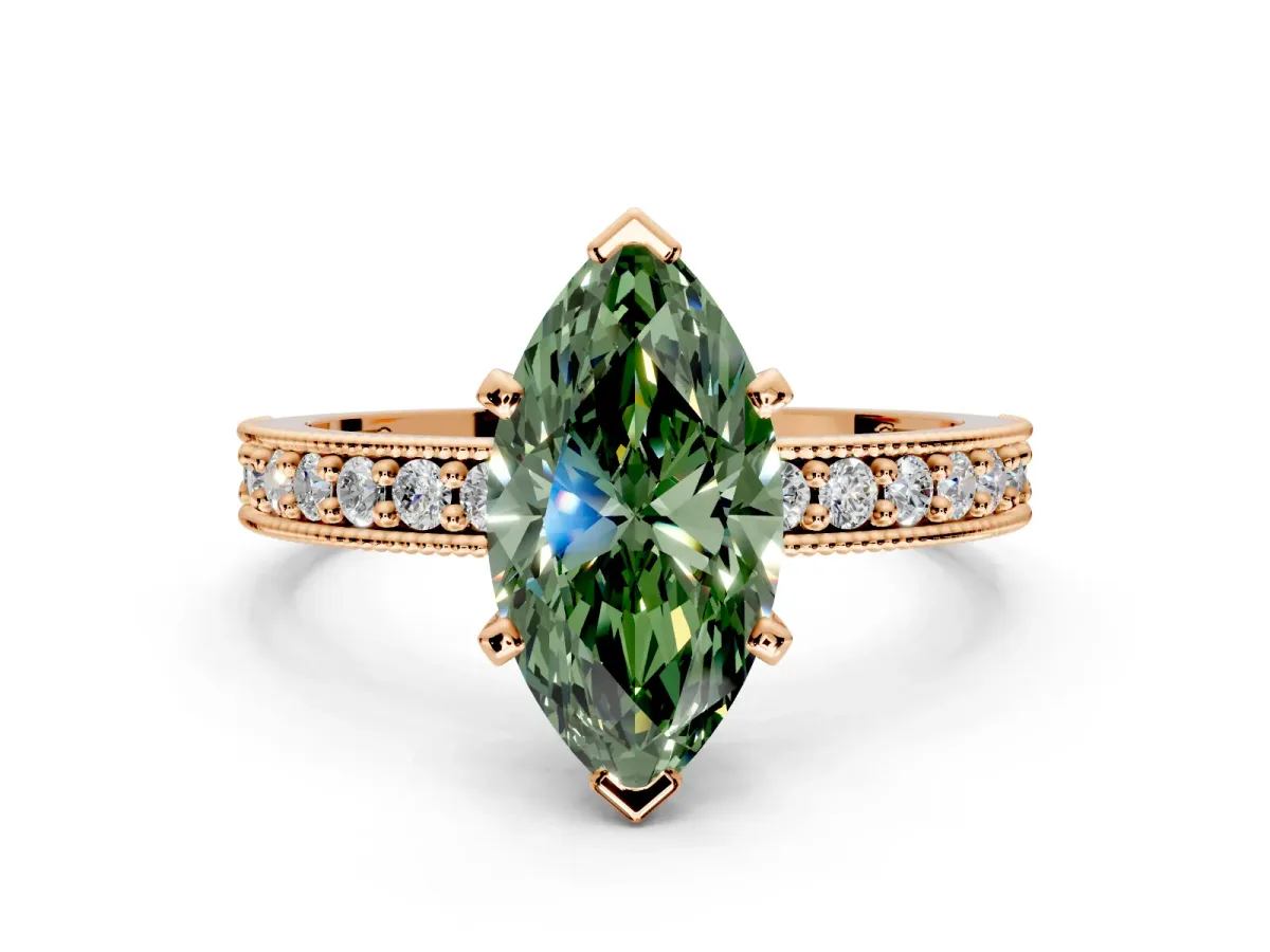 Milgrain Pave Engagement Ring Setting for Fancy Green Marquise Center with Accent Band and Prong Head in Rose Gold