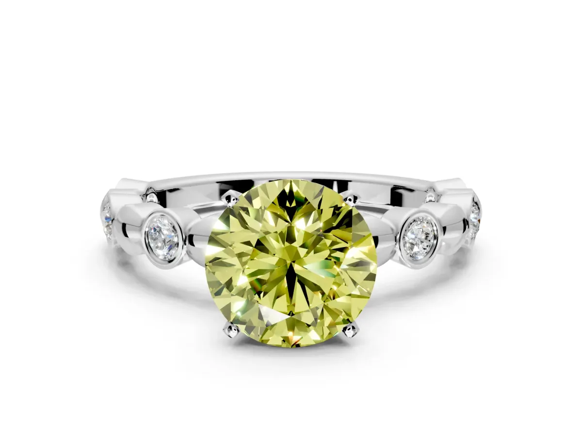 Solitaire Engagement Ring Setting for Fancy Yellow Round Cut Center with Beaded Bezel Station Band and Prong Head in Sterling Silver